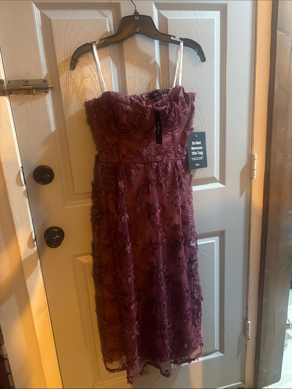 Lulu's Burgundy Strapless Lace Midi Dress